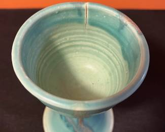 A495 - $95. Teal Wine Decanter With 5 Goblets - CGK CER ? Decanter Measures 13" tall. Goblets Measure 6" tall. 