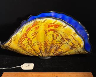 A131 - $150. Gartner Blade: Yellow and Blue Clamshell Centerpiece Glass Bowl. Measures 15.25" x 6" x 7.75" tall. 