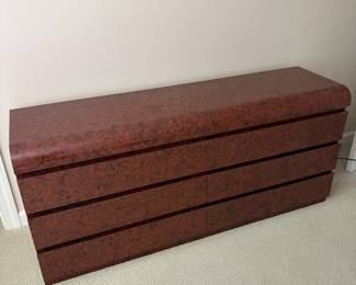 F9 - $125. Burl Laminate Waterfall 6 Drawer Dresser. Measures 67" wide x 18" deep x 30" tall. 