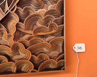 A345 - $1400. Phillip Roberts "Arise" Layered wood wall piece. Measures 47" x 31".