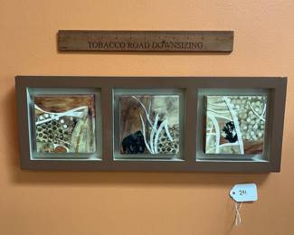 A241 - $65. Triple Encaustic "September Heart".  Measures 18" x 7". Right canvas needs to be reglued. 