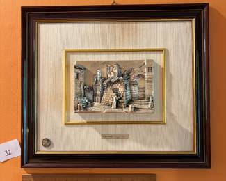 A32 - $250. A. Beltrami Emyl Sere Preziosi " Woman at Fountain". High relief miniature with Sterling & 14kt gold. Measures 17" x 14.5". 