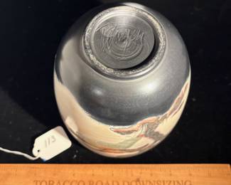 A113 - $125. Patrick Dragon: Raku Vase With Trees. Measures 6.25" x 6.75" tall. 