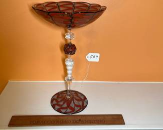  A557 - $95. Jeff Mack tall Venetian Art Glass Dish. Measures 7" x 11.5" tall. 