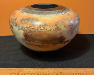 A500 - $85. Orange Black and White Vase Planter - Last name Kim. Measures 9" x 6.5" tall. 