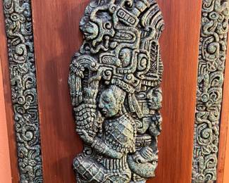 A562 - $75. Aztec Mayan Panel. Measures 10.25" x 25" tall. Crushed Malachite. 