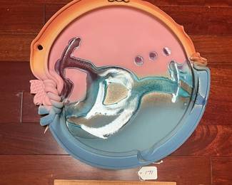 A171 - $75. Doug Adams, Large Wall Hanging, Clay Art. Measures 18.5" diameter. 