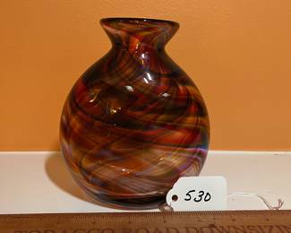 A530 - $35. Art Glass Vase. Signed R. Illegible.  Measures 5" x 6" tall. 