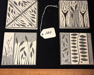 A120 - $100. Becky and Steve Lloyd: Sgraffitto Carved Porcelain Plaques (Tiles). Measures 4" x 4". 
