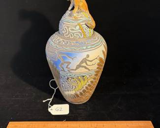 A62 - $200. Jef Raasch: Figural Vase with Monkey Lid. Measures 6" x 10.5" tall.