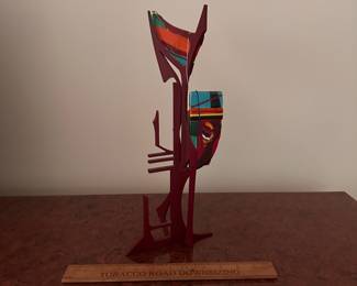 A142 - $100. Sabra Richards : Metal & Fused Art Glass Sculpture. Measures 10" x 6.5" x 16" tall. 
