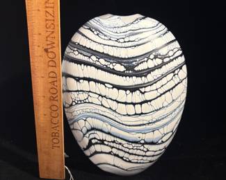 A198 - $300. Peter Layton : B&W Glass Vase. Measures 7" x 9.5" tall. 