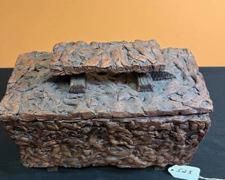 A523 - $100. TK Signed Pottery Box with Lid. Measures 10" x 5" x 9" tall. 