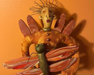 A106 - $100. TP Speer and Deborah Banyas: Set of Clay Dolls. Orange on measures 8" x 20.5" tall. Green one measures 9" x 25" tall. 