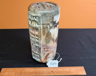 A527 - $55. Lidded Pottery Vessel. Measures 4" x 9" tall.