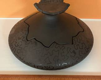 A39 - $60. Kavats Pottery: Black Sgraffito Vase. Measures 7" x 3.75" tall. 