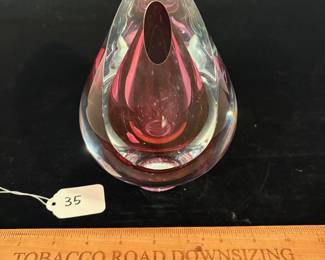 A35 - $60. Robert Deeble Table Vase with sliced top. Measures 5" x 7.5" tall. 