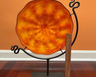 A147 - $350. Nathan Macomber Glass: Orange Glass Plate in Steel Frame. Measures 17" x 4" x 20.25" tall. 