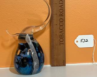 A532 - $75. Glass Paperweight. "Customer Patience Award" Signed PM ? 2009. Measures 4" x 6.5" tall. 