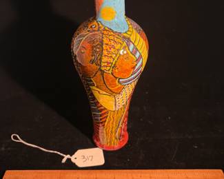 A317 - $350. Dudley Vaccianna : Glass Vase w/ African Images. Measures 4" x 9.5" tall. 