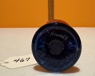 A467 - $65. Red swirl Glass Pitcher - signed Nunwell 1995.  Measures 4" x 5" tall. 