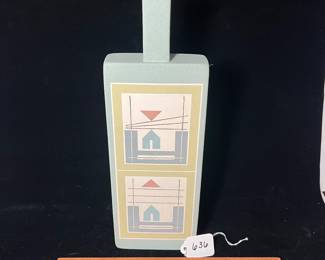A636 - Green Santa Fe Clay Bottle. Van A. Measures 4.5" x 14" tall. 