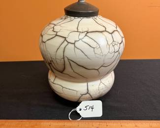 A514 - $45. Raku Pottery with Lid. Signed AE? Measures 6" x 8.5" tall. 
