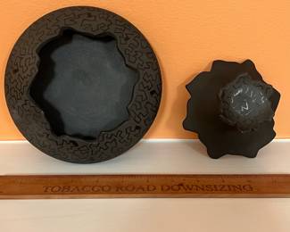 A39 - $60. Kavats Pottery: Black Sgraffito Vase. Measures 7" x 3.75" tall. 