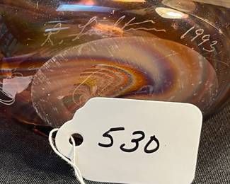 A530 - $35. Art Glass Vase. Signed R. Illegible.  Measures 5" x 6" tall. 