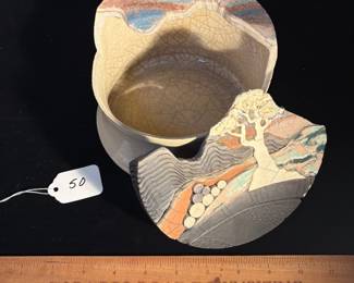A50 - $150. Bill Herb: Dimensional Design: Raku Trinket Box With Tree. Measures 6.75" x 4.5" tall. 