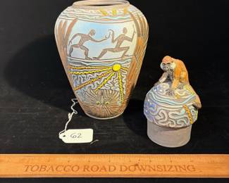 A62 - $200. Jef Raasch: Figural Vase with Monkey Lid. Measures 6" x 10.5" tall.