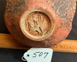 A507 - $250. Nicholas Bernard Pottery Vessel with Vine handle. Measures 5" x 9.5" tall. 