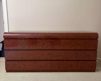 F9 - $125. Burl Laminate Waterfall 6 Drawer Dresser. Measures 67" wide x 18" deep x 30" tall. 