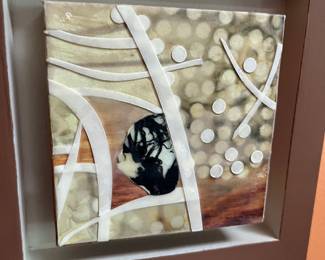 A241 - $65. Triple Encaustic "September Heart".  Measures 18" x 7". Right canvas needs to be reglued. 