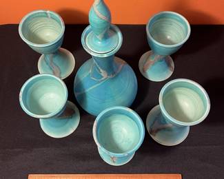 A495 - $95. Teal Wine Decanter With 5 Goblets - CGK CER ? Decanter Measures 13" tall. Goblets Measure 6" tall. 