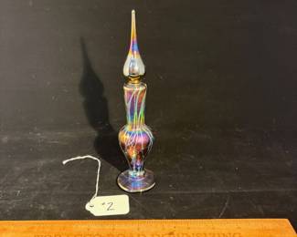 A2 - $125. Abelman Art Glass : Violet Cobweb Perfume Bottle. Measures 2" x 8.5" tall. 