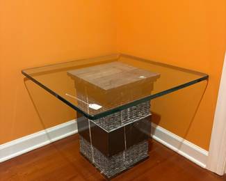 F2 - $350. Marble & Glass Side Table. Measures 28” x 28” x 21“ tall.
