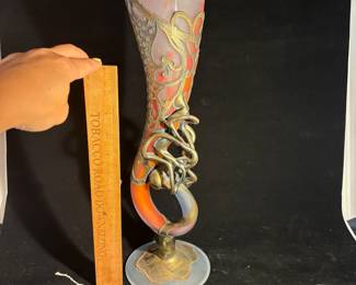 A230 - $250. AMA Romanian Art Glass Vase. Orange / White. Measures 5"x 15.5" tall. 