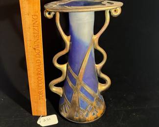 A231 - $150. AMA Romanian Art Glass Vase. Blue & Silver. Measures 6" x 11" tall. 