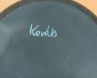 A39 - $60. Kavats Pottery: Black Sgraffito Vase. Measures 7" x 3.75" tall. 
