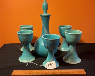 A495 - $95. Teal Wine Decanter With 5 Goblets - CGK CER ? Decanter Measures 13" tall. Goblets Measure 6" tall. 