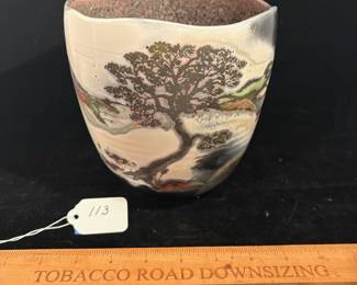 A113 - $125. Patrick Dragon: Raku Vase With Trees. Measures 6.25" x 6.75" tall. 