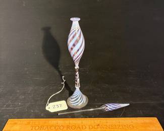 A237 - $75. Small Glass Perfume Bottle w/ Swirl Lid. Measures 2.25" x  10.25" tall. 