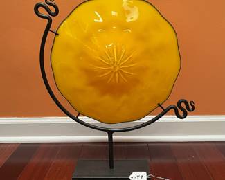 A147 - $350. Nathan Macomber Glass: Orange Glass Plate in Steel Frame. Measures 17" x 4" x 20.25" tall. 