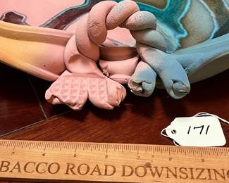 A171 - $75. Doug Adams, Large Wall Hanging, Clay Art. Measures 18.5" diameter. 