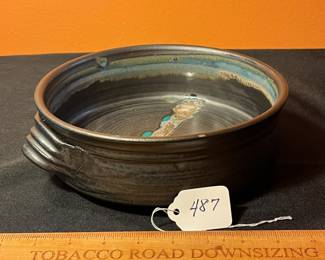 A487 - $20. Kathleen LeSueur. Small Bowl with Handles. Measures 10.5" x 2.75" tall. 