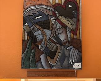 A104 - $75. David Stabley: Whimsical Clay Wall Tile - Heavy Repair. Measures 14.5" x 18.5".  