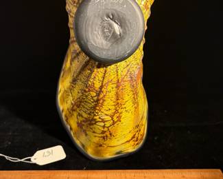 A131 - $150. Gartner Blade: Yellow and Blue Clamshell Centerpiece Glass Bowl. Measures 15.25" x 6" x 7.75" tall. 