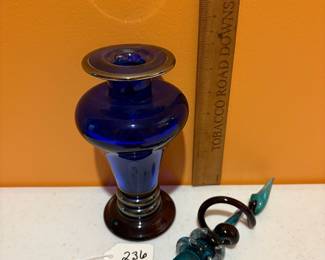 A236 - $75. Glass Perfume Bottle.  Cobalt With Swirl Lid. Measures 4" x 13.5" tall. 