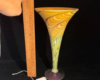 A1 - $150 Steven Lundberg. Art Glass Trumpet Vase. Measures 5.75” x 10.75” tall.